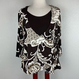 AGB Brown and Cream Floral Blouse Top Size M EUC
